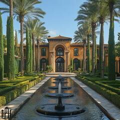 Fototapeta premium A luxurious mansion with a grand entrance, palm trees, and a fountain in the driveway