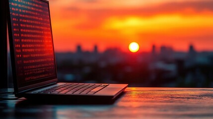 Laptop with coding on screen at sunset over city skyline