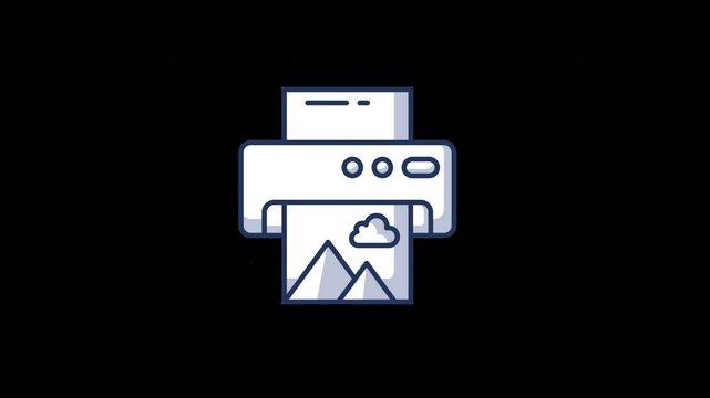A printer producing a colorful landscape image, showcasing a mountain and cloudy sky in a flat design. Ideal for digital illustrations.
