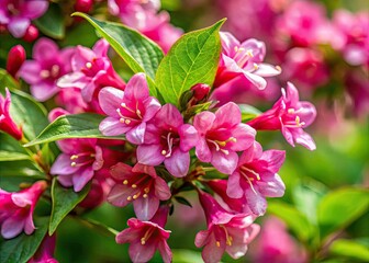 May's breathtaking Weigela florida, showcasing pink flowers in captivating candid photography.