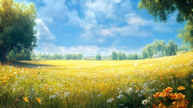 Expansive field filled with vibrant wildflowers and trees under a clear, sunny sky. Seamless looping video animation.