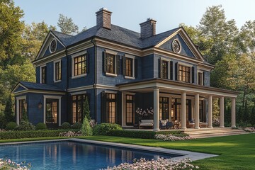 3D rendering of a blue and white colonial house with black shutters, swimming pool, blooming spring flowers, and green grass in the front yard.