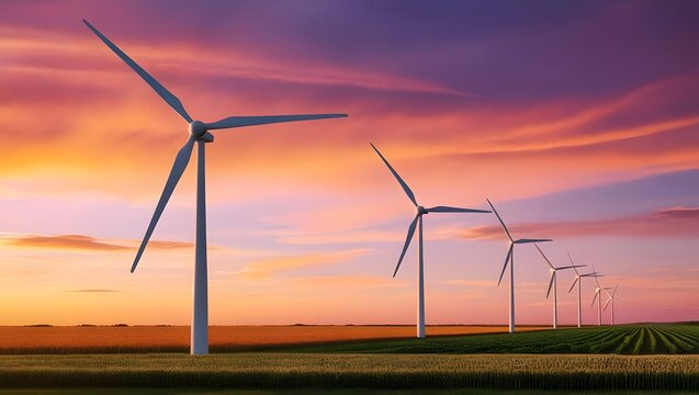 modern wind turbines, standing tall in an open field of green grass and crops. The turbines' clean and precise design highlights a sustainable energy concept
