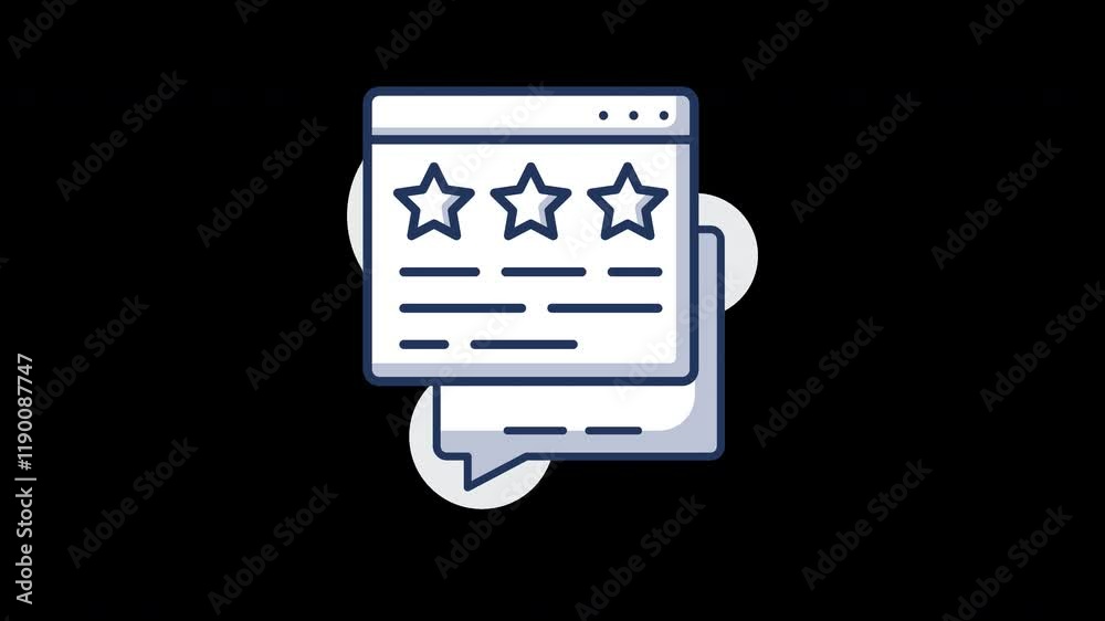 Poster a simple graphic depicting a review interface with stars and text bubbles in a flat design style.