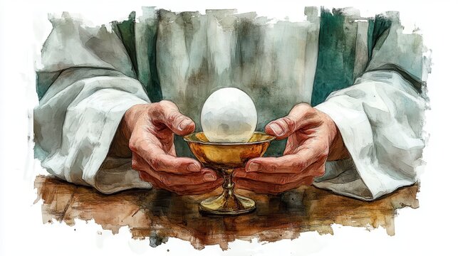 eucharist corpus christi hands holding the sacred host and chalice on white background digital illustration