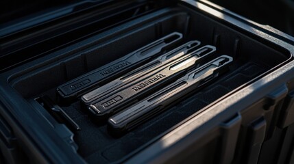 Four black storage devices inside a hard case.