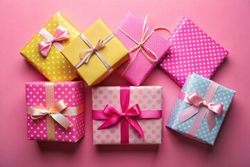 Bright packaging for purchases, gifts and parcels on a pink background. 