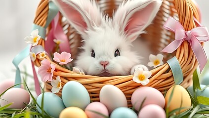 Cute white bunny in Easter basket with eggs.