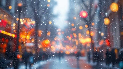 Magical Snowy City Street at Night with Blurred Lights and Falling Snow