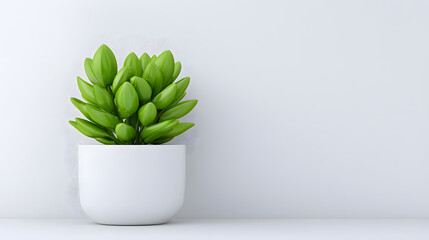 minimalist workspace featuring vibrant green plant in white pot, emphasizing simplicity and tranquility. This design element enhances serene atmosphere of environment