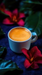 Colorful Morning: Vibrant Coffee Cup with Tropical Flowers and Lush Green Leaves