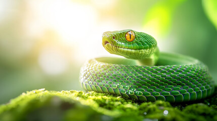 Chinese year of the snake. Close up of mystical snake shimmering in sunlight on moss