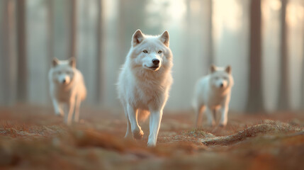 pack of white wolves walking through misty forest, showcasing teamwork and unity. Their fur glistens in soft light, creating serene and majestic atmosphere