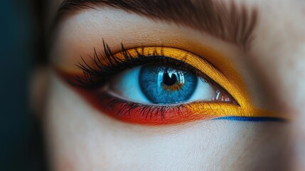 Vibrant Eye Makeup with Bold Blue, Orange, and Yellow Tones Captures Attention