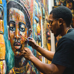 African American artist creating a mural for Black History Month