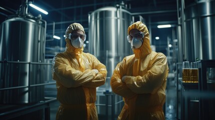 Team of Scientists in Yellow Protective Suits Working in a High-Tech Industrial Laboratory