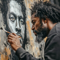 African American artist creating a mural for Black History Month