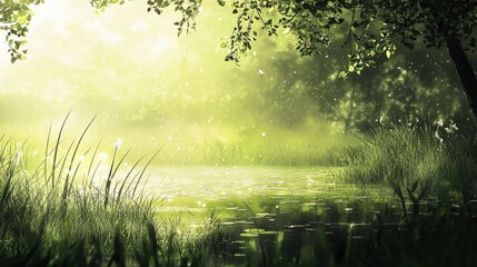 Naklejka premium Serene Pond Scene Sunlight Filtering Through Leaves