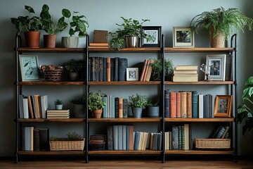 Industrial-style living room with black metal bookshelf, wooden shelves filled with books, photo frames, plants, and home decor, set against white walls with wall hangings.