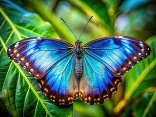 Stunning close-up: a Morpho butterfly's vibrant blue wings showcased in exquisite nature macro photography.