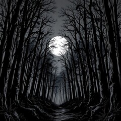Obraz premium Dark forest path, full moon.