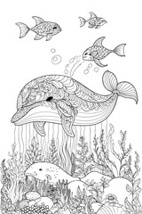 Whale in the water A4  colouring sheet