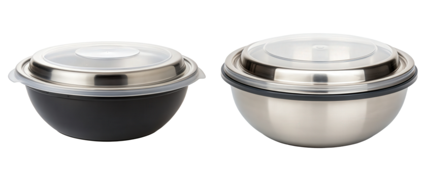 Black and silver mixing bowls with lids isolated with transparent background