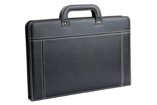 Black leather portfolio case isolated with transparent background