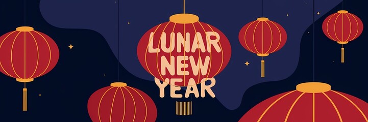 A dark theme creative minimalist Lunar New Year poster design with the text "Lunar New Year" in modern calligraphy style. There's a red and gold Chinese lantern with the text "Lunar New Year" in it. 