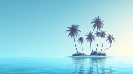 Obraz premium Tranquil Tropical Island with Palm Trees and Calm Ocean Waters Under Clear Blue Sky