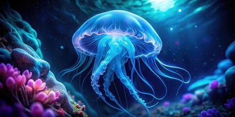 Obraz premium Surreal underwater photography reveals bioluminescent jellyfish, a double exposure of deep ocean wonders.