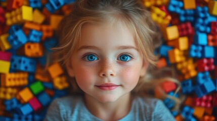 Fototapeta premium funny surprised little girl lying in the chaos of toys kid s face surrounded by building block