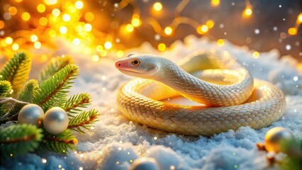 Fototapeta premium Tilt-shift magic transforms a snowy scene: an iridescent, golden-white snake celebrates Christmas.