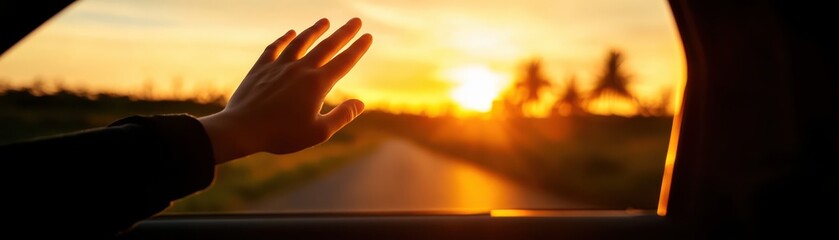 A hand is waving out of a car window at the sun
