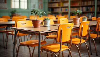 Classroom with Yellow Chairs and Wooden Desks for Education