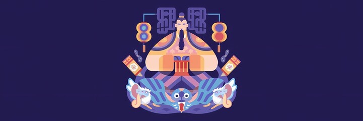 Obraz premium A creative minimalist Lunar New Year poster design with a dark theme. In the center, there's a large illustration of a strong, muscular man with a topknot. 