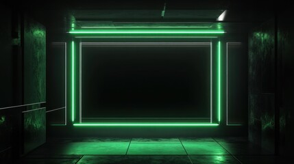 Fototapeta premium Futuristic Green Neon Glowing Frame in Dark Room Corridor Sci-fi Background