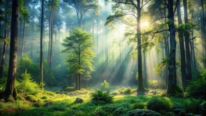 Fototapeta premium A serene forest landscape with a gentle mist rising from the underbrush, creating a mystical atmosphere and highlighting the subtle beauty of nature's subtlety , smoke, mysterious