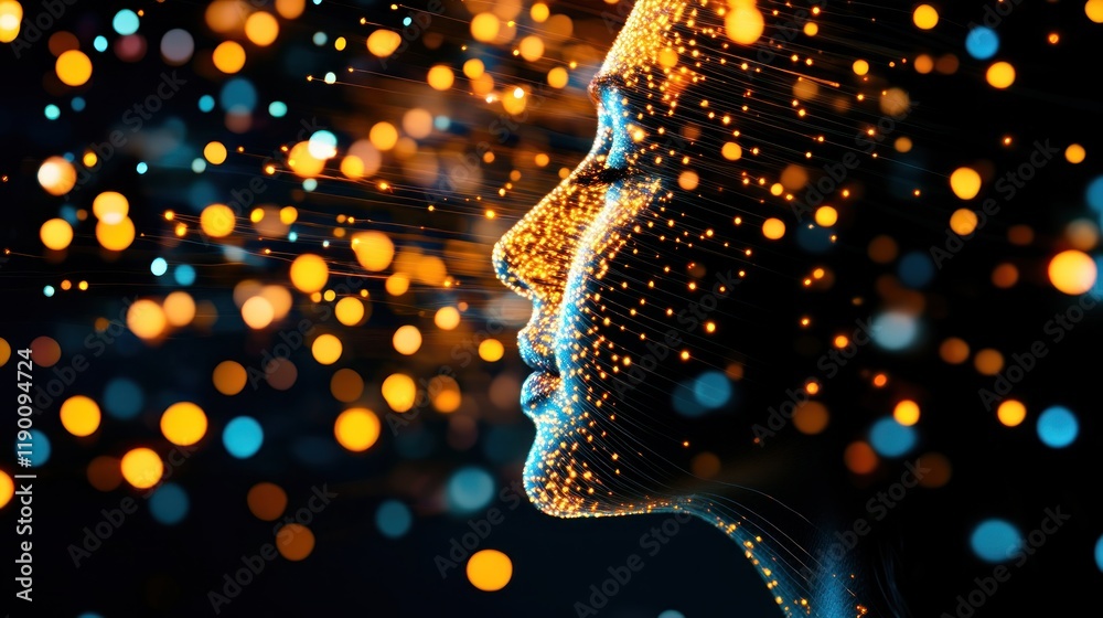 Poster abstract digital portrait with light particles and glow effects blur background