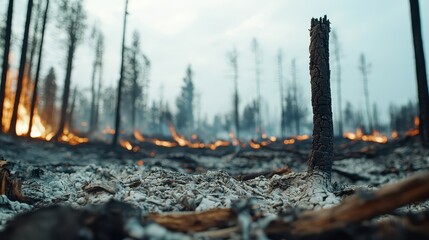 Obraz premium Wildfire Forest Damage Concept, Aftermath of Wildfire Damage Captured in a Landscape of Burned Vegetation and Charred Remains