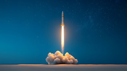 rocket launches into night sky, silhouetted against clear starry backdrop, creating stunning visual of exploration and adventure