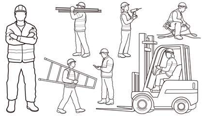 Construction Workers Vector Monochrome Line Drawing Set Isolated On A White Background.