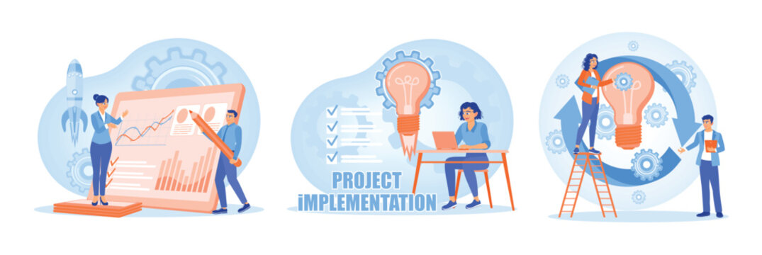 Team collaborating on project implementation process with charts and ideas development.