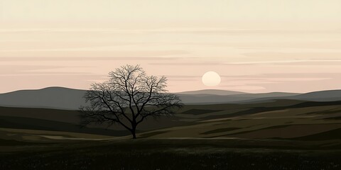 Fototapeta premium Lonely tree sunset hills landscape, peaceful nature scene
