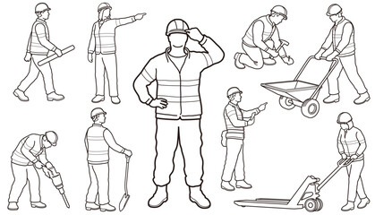 Construction Workers Vector Monochrome Line Drawing Set Isolated On A White Background.