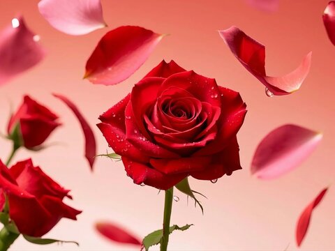 closeup red rose with raindrop and petals with red and pink background; love; wedding and love day concept