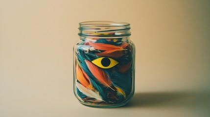 Colorful feathers in a glass jar with a single yellow eye.