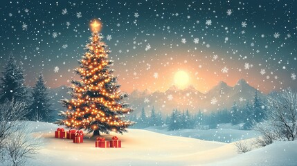 greeting card with christmas tree and presents vector illustration