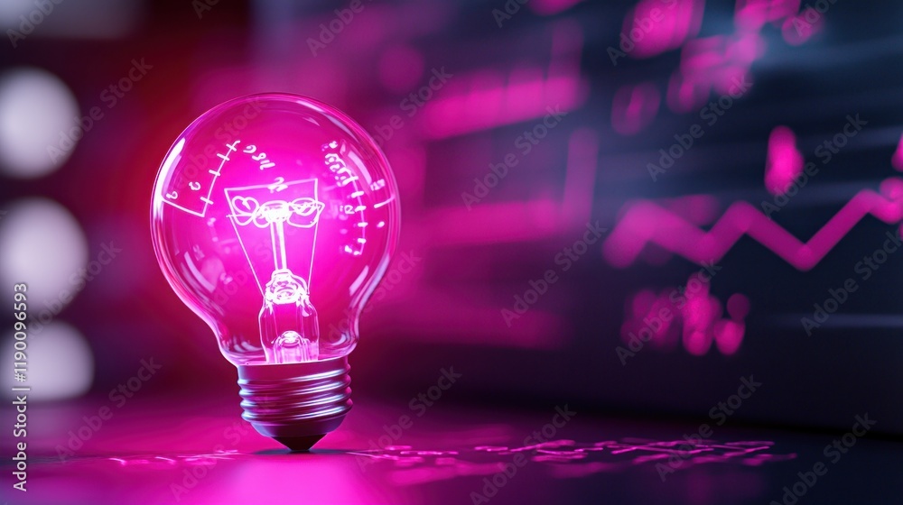 Poster creative light bulb design with pink glow and mathematical elements blur background