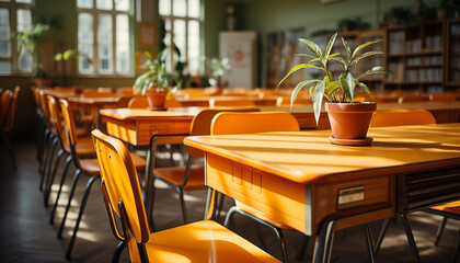 Classroom with Yellow Chairs and Wooden Desks for Education